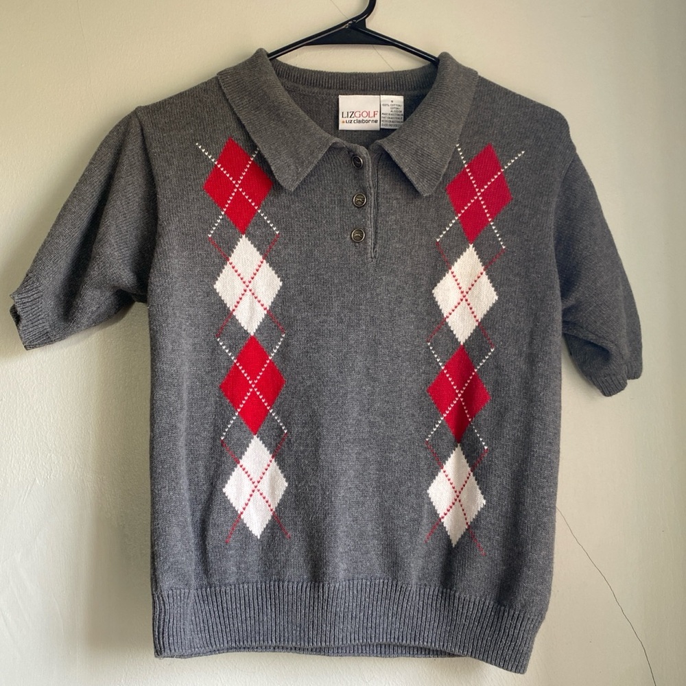 LizGolf Gray Argyle Polo Sweater